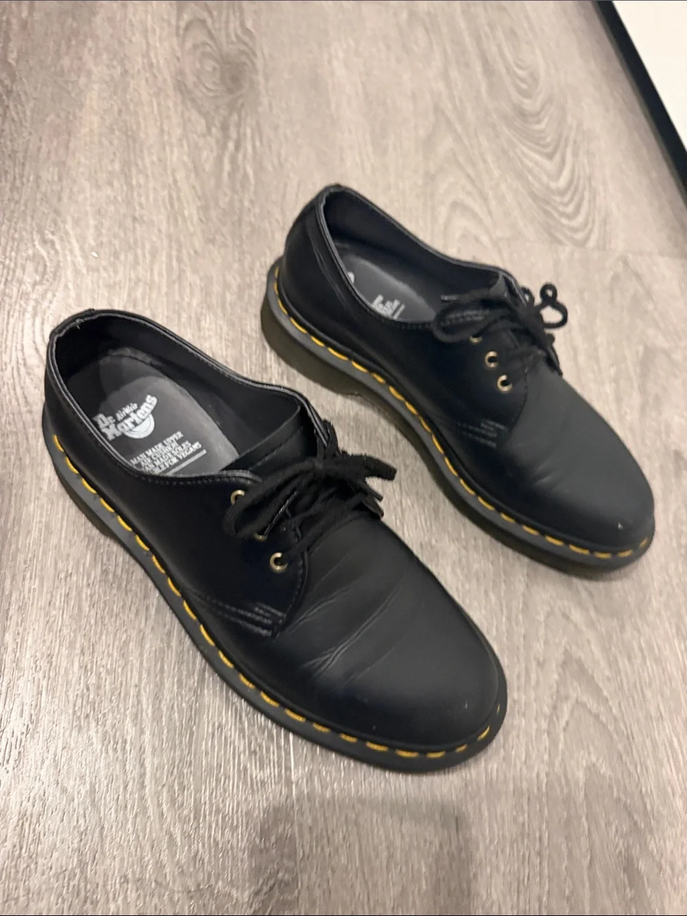 Dr. Martens Black Leather Low-Top Derby with Yellow Stitching